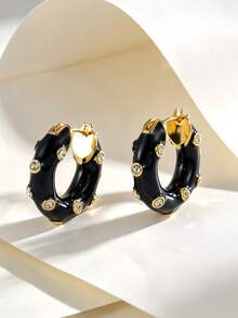 Charm-In 18K Gold Plated Copper Huggie Hoop Earrings For Women, Black Enamel Inlaid Crystal Chunky Earrings, Versatile For Daily Office Party Jewelry - Gold - View 7