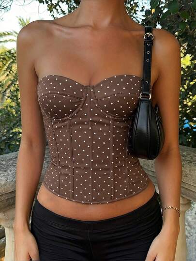 Yuwenier Brown Elegant Polka Dot Strapless Corset Top Sweetheart Bustier Boned Waist Crop Top Theme Party Fall Daily Outfits For Women Vacation