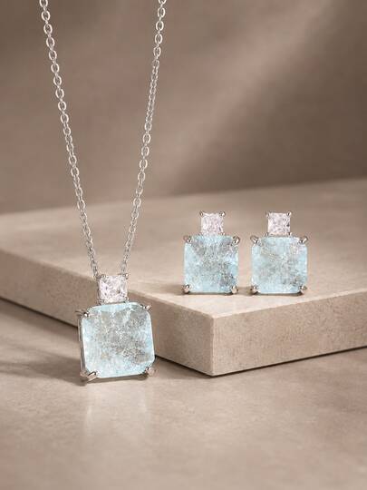rakol 3pcs Minimalist Summer Square Ice Blue Cracked Zirconia Necklace & Earrings Set, Vacation Season Beach Island Holiday Wear