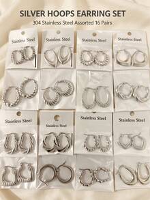 16件組女款不鏽鋼耳環套組，韓日風極簡不對稱耳環，日常派對飾品，萬聖節禮物 - 均碼 - 查看 1