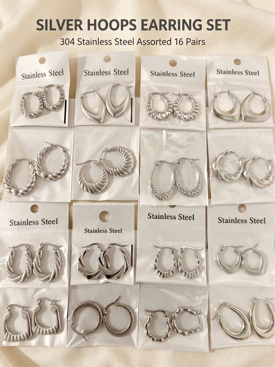 16件組女款不鏽鋼耳環套組,韓日風極簡不對稱耳環,日常派對飾品,萬聖節禮物 - 均碼 - 查看 1