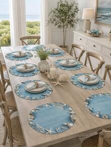 Coastal Style Round Placemat, Blue Wood Grain Starfish Shell Fishing Net Anchor Print Table Mat, Nautical Beach Ocean Theme Dining Table Decor, Suitable For Kitchen Dining Room Patio And Seaside Vacation Home Summer Party Daily Meal Table Setting - Multicolor - View 4