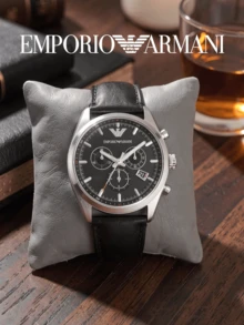 Armani AR6039 男士計時碼錶，黑色錶盤銀色圓形錶殼，黑色紋理錶帶，適合辦公、約會與日常穿搭的時尚配件 - 黑色 - 查看 2
