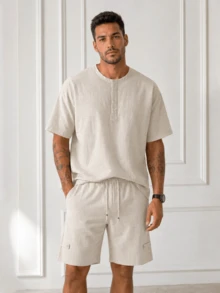 Blueprint Man Men's Linen-Like Casual Set, Apricot Henry Collar Short Sleeve T-Shirt + Shorts, Drawstring Waist + Colorful Bead Drawstring Design, Breathable, Wrinkle-Resistant, Durable, Non-Deforming, Minimalist Casual Fashion Style 2-Piece Set, Spring/Summer Commute, Vacation, Home Wear - Apricot - View 10