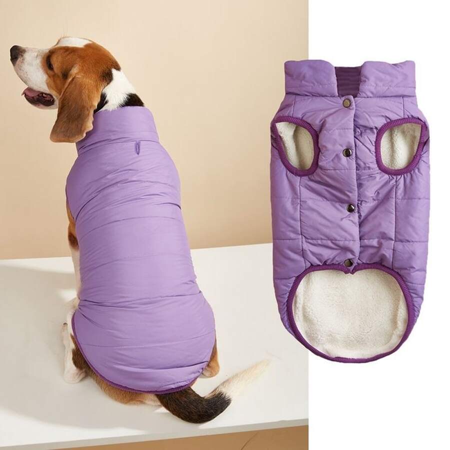1pc Minimalist Solid Color Winter Thermal Lined Pet Coat, Medium To Large Dog Padded Coat, Outdoor Windproof, Suitable For Golden Retriever, Border Collie, Labrador, Dog Clothes - Purple - View 1