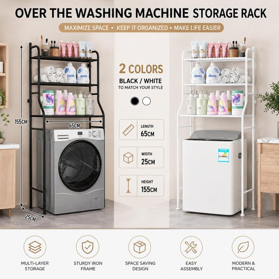 3-Tier Over The Washing Machine Storage Rack – Iron Laundry Organizer Shelf, Space Saving Bathroom Storage Stand, Heavy Duty Utility Rack, Black / White - White - View 1