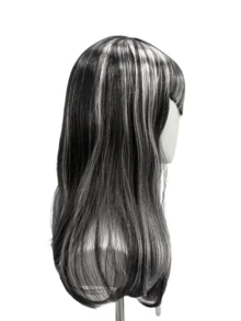 Women's Black Silver Streak Long Wavy Wig Synthetic Straight Bangs Gothic Vampire Style For Halloween Cosplay Party Costume - Black and White - View 6