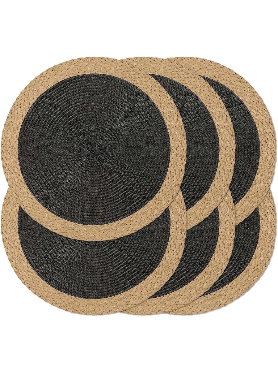 15-Inch Black Round Woven Placemat Set (4/6pcs), Round PP Woven Placemats With Wide Paper Edges, Washable, Wipe-Clean, Heat-Resistant, Suitable For Holidays, Parties, Indoor & Outdoor Daily Use