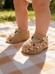 1 Pair Handmade Crochet Infant Shoes, Beige With Floral Embroidery, Mary Jane Style, Button Strap - Khaki - View 5
