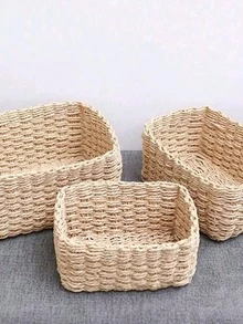Handwoven Storage Basket Set, 1pc/2pcs/3pcs/4pcs, Paper Rope Material, Suitable For Living Room, Bedroom, Cabinet And Office, Home Decor, Shelf Storage Basket, Halloween Gift, Christmas Decoration Storage Basket - Khaki - View 3