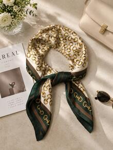 1pc Versatile Practical Green Vacation Casual Chain Print Silk Scarf Square - Green - View 5