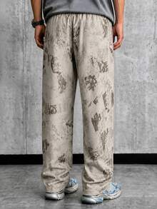 Krometka Men's Colorblock Patchwork Wide Leg Sweatpants, American Vintage Distressed Newspaper Fragment Print, Drawstring Elastic Waist Retro Sport Street Loose Casual Long Pants - Apricot - View 5