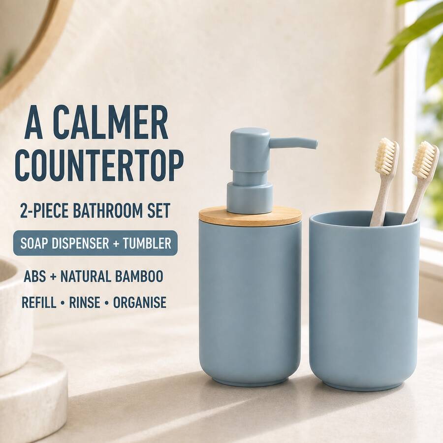 This 2 Pieces Bathroom Accessory Set Creates A More And Coordinated Visual Effect For Your Sink Area. The Set Includes A Refillable Pump Soap Dispenser And A Matching Open-Top Rinse Cup, Both In A Soft Grey-Blue Tone. The Soap Dispenser Features A Natural Bamboo Lid For A Warm Visual Contrast, And The Smooth ABS Material Body Gives The Overall Design A Minimalist, Fresh, And Modern Look. The Soap Dispenser Can Hold Hand Soap Or Hand Lotion. - Blue - View 1