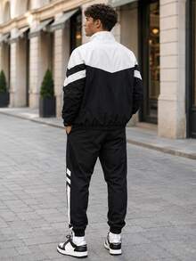 1 Set Men's Colorblock Woven Sports Outfit, Stand Collar Zip-Up Jacket, Jogging Pants, Casual Streetwear - Black - View 7