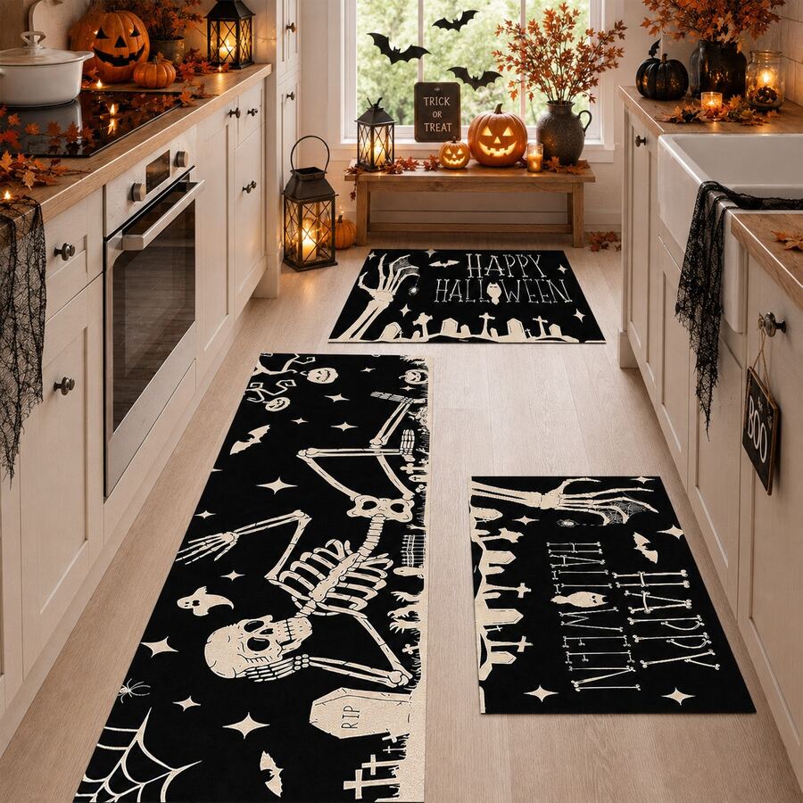 1/2pcs Halloween Skeleton Pattern, Vintage Diatomaceous Earth Mat, Super Absorbent, Non-Slip, Perfect For Bathroom, Kitchen And Dining Room, Quick Drying, Machine Washable, Ideal Gift For Home Decor And Bathroom Mat - Multicolor - View 1