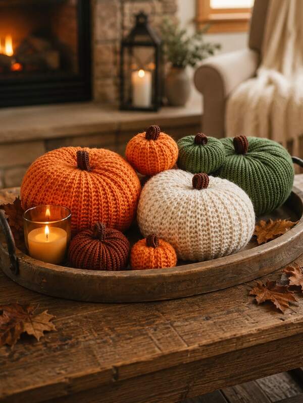 1pc/3pcs Halloween Autumn Harvest Hand-Knit Pumpkin Desktop Decor, Soft Knitted Fabric Pumpkin Ornament, Thanksgiving Farmhouse Style Tray Fireplace Countertop Centerpiece, Rustic Neutral Color Indoor Coffee Table Windowsill Autumn Holiday Home Decor Accent