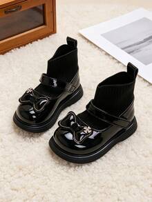 1 Pair Children's Mary Jane Patchwork Sock Boots, Cute Bow Decor Elastic Knitted Ankle Boots, Suitable For School And Outdoor Play, Suitable For Autumn/Winter - Black - View 6