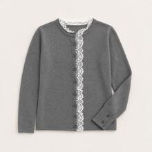 Cardigan Rajut Leher Bulat Motif Patchwork Wanita, Atasan Rajut Serbaguna Lengan Panjang Kancing Tunggal Pas Badan untuk Musim Semi/Gugur - Grey - View 5