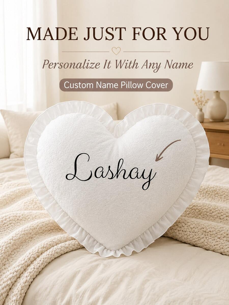 1 buah Sarung Bantal Berbentuk Hati dengan Nama Kustom, Kain Putih dengan Hiasan Rumbai Halus dan Jahitan Hitam Rapi, Desain Resleting Tersembunyi di Bagian Belakang, Cetak Kustom Satu Sisi, Cocok Sebagai Dekorasi Hadiah Pindah Rumah - MultiWarna - View 1