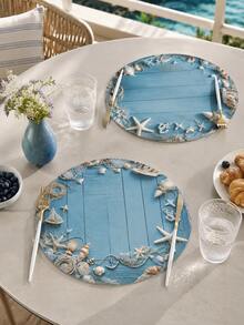 Coastal Style Round Placemat, Blue Wood Grain Starfish Shell Fishing Net Anchor Print Table Mat, Nautical Beach Ocean Theme Dining Table Decor, Suitable For Kitchen Dining Room Patio And Seaside Vacation Home Summer Party Daily Meal Table Setting - Multicolor - View 6