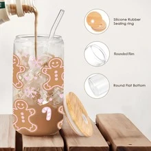 16oz Christmas Decorative Transparent Glass Cup With Bamboo Lid And Straw, Cute Christmas Snowflake, Gingerbread Man And Nutcracker Pattern, Practical Reusable Drinking Cup, Suitable For Holiday Celebration, Desk Decor And Holiday Gift Choice - Multicolor - View 5
