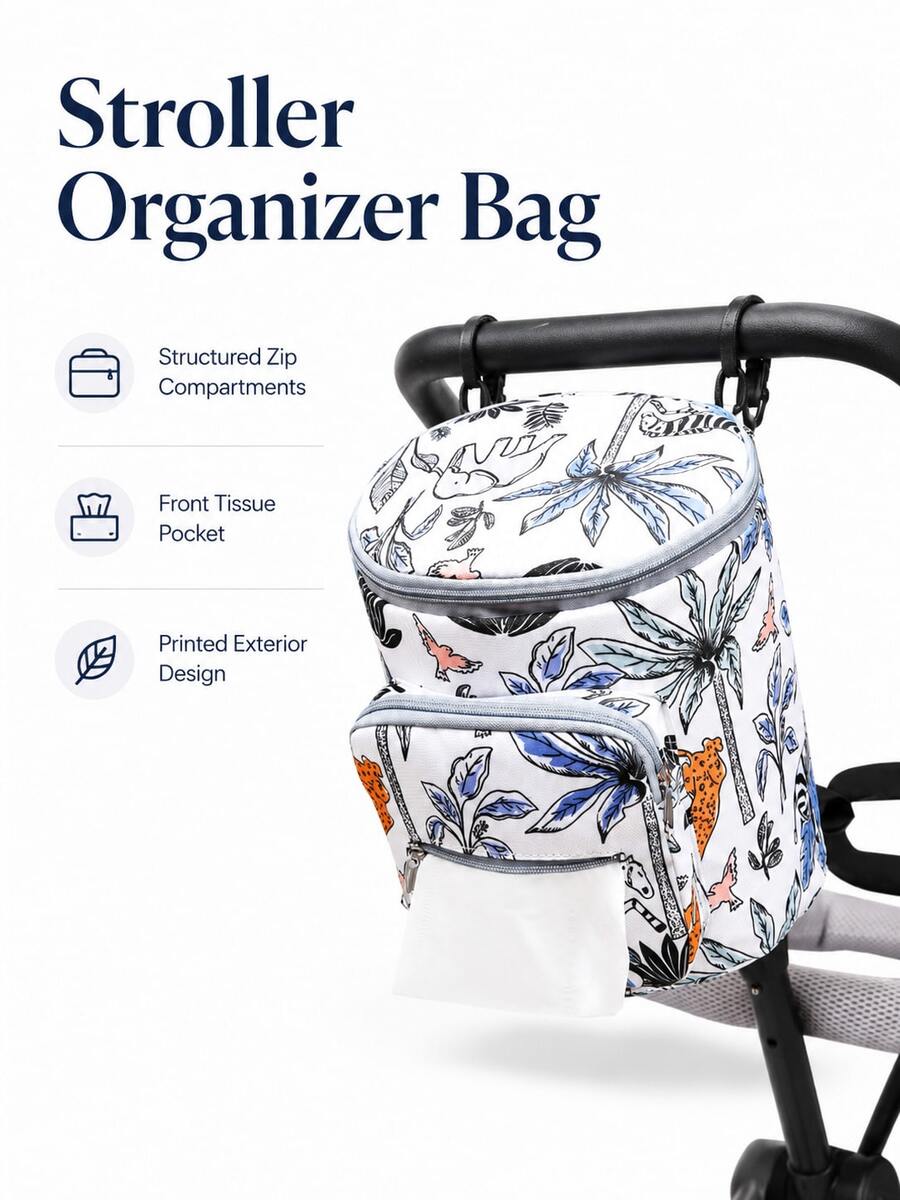1pc Fresh Jungle Print Multi-Function Stroller Organizer Bag, Convenient Hanging Design, Stores Baby Wipes, Snacks, Small Items. Secure Buckle, Easy To Install And Remove, Perfect For Daily Outings And Stroller Walks, Easily Organizes Various Baby And Maternity Essentials - Multicolor - View 1