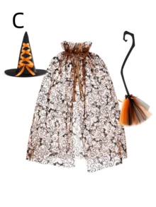 2 Sets Halloween Cape Set Spider Web Mesh Cape Set Witch Hat Witch Broom Set - Multicolor - View 5