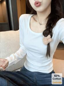 Women's Long Sleeve T-Shirt, White Large U-Neck Top, Versatile Autumn/Winter Slimming Solid Color Inner Layer Base Shirt Casual - White - View 1
