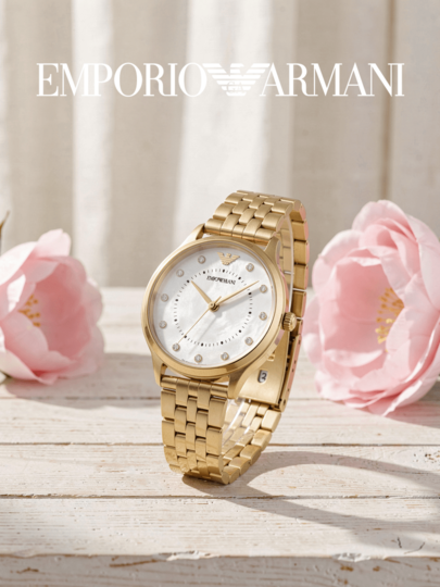 Armani AR11007 Women Watch, Gold Stainless Steel Round Case Mother-Of-Pearl Dial With Crystal Markers, Gold Link Bracelet Quartz Elegant Wristwatch