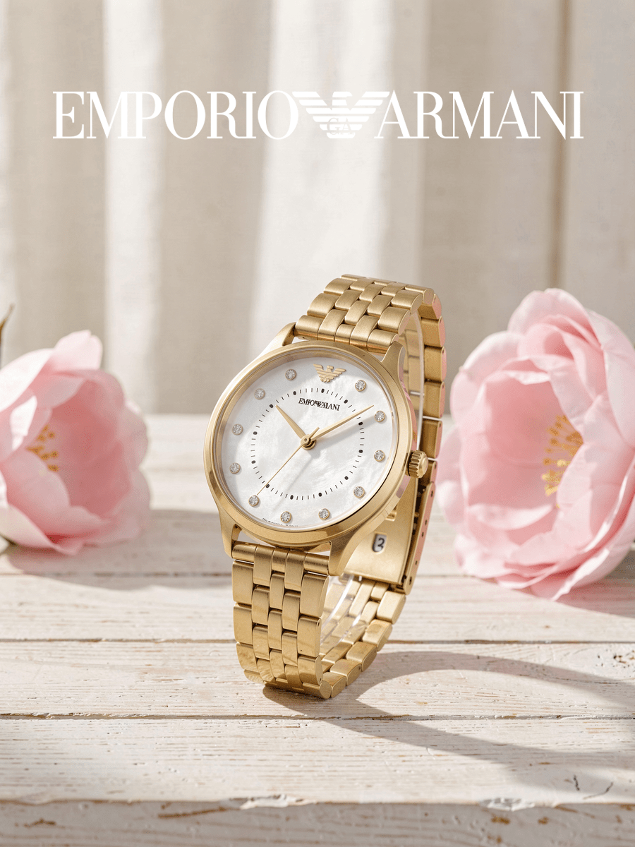 Armani AR11007 女款腕錶，金色不鏽鋼圓形錶殼，珍珠母貝錶盤配水晶時標，金色鏈條錶帶石英優雅手錶