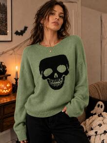 Plus Size Women's Autumn/Winter Sweater, New Fashionable Casual Y2K Skull Cute Jacquard Knit Crew Neck Long Sleeve Pullover Sweater Top, Suitable For Daily, Commute, Party, Halloween, Christmas, Thanksgiving, Street Photography - Green - View 7