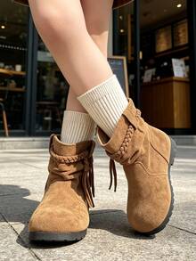1 Pair Kids' Vintage Ruched Mid-Calf Boots, Woven Lace Drawstring Decor Soft Surface Boots, Suitable For Casual Outings, Holiday Gatherings, Autumn/Winter - Khaki - View 3