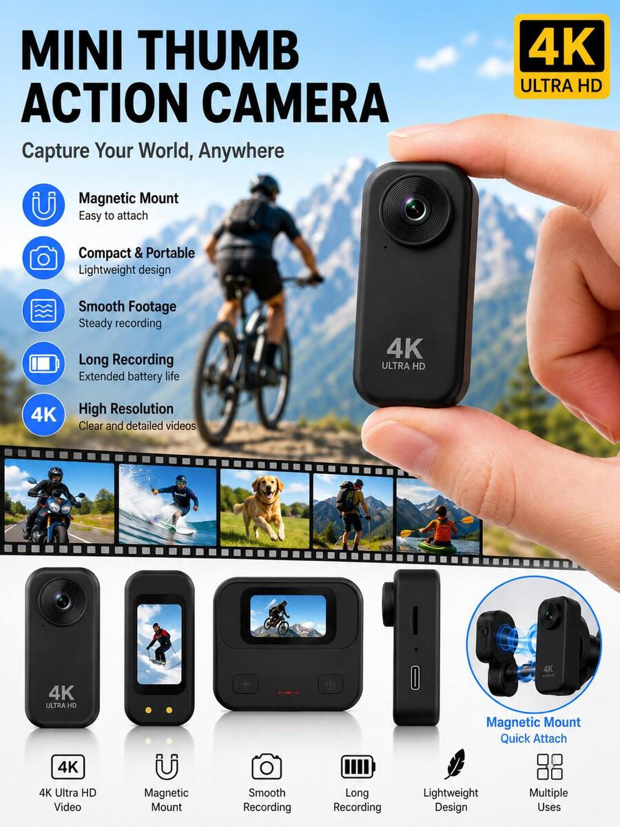 YAIUZGOO Mini Thumb Action Camera 4K Ultra HD, Portable Wearable Action Camera With Magnetic Mount, Anti-Shake Stabilization, Compact Vlog Action Camera For Cycling, Travel And Outdoor Recording - View 1