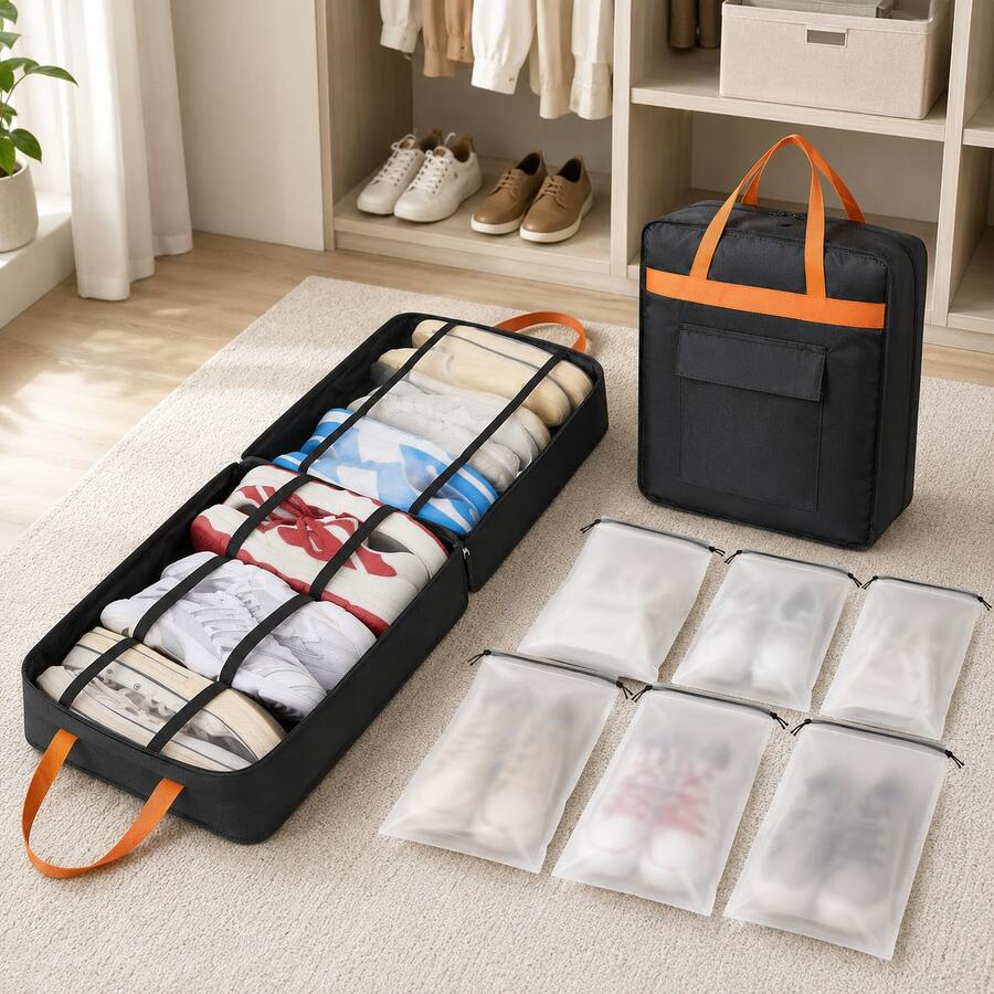 7-Piece Shoe Storage Organizer With Carrying Handles, Portable Shoe Rack For Travel Trips, Large Capacity Space-Saving Shoe Bag Set For Home Gym Closet Organization And Weekend Getaways - Multicolor - View 1