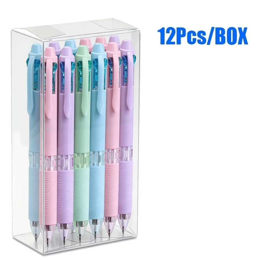 12pcs 4-In-1 Ballpoint Pens, 0.7mm Needle Tip, Smooth And Fluid Writing, Even Ink Flow Without Skipping. Wavy Soft Grip, Comfortable For Long Writing; Click Design, No Cap Needed, Convenient To Use. Fresh And Soft Macaron Color Palette, Suitable For Classroom Notes, Planner Marking, Daily Office Writing. Transparent Gift Box Packaging, Neat Storage, Also Can Be Used As A Gift. - 4-in-1 Pen - View 1