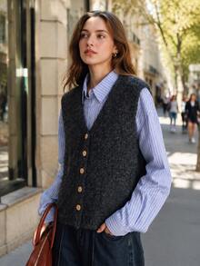 Women's Autumn Casual Minimalist V-Neck Knit Cardigan Vest, Wool Blend Fall - Dark Grey - View 4