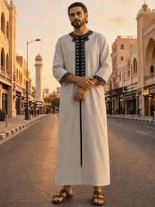 Islamic Muslim Men's Striped Embroidery Short Sleeve Casual Arab Men's Robe - Beige - View 1