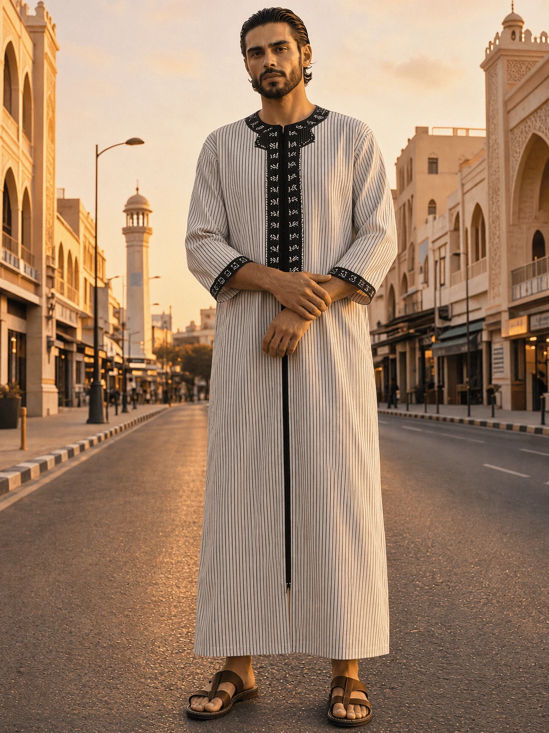 Islamic Muslim Men's Striped Embroidery Short Sleeve Casual Arab Men's Robe - Beige - View 1