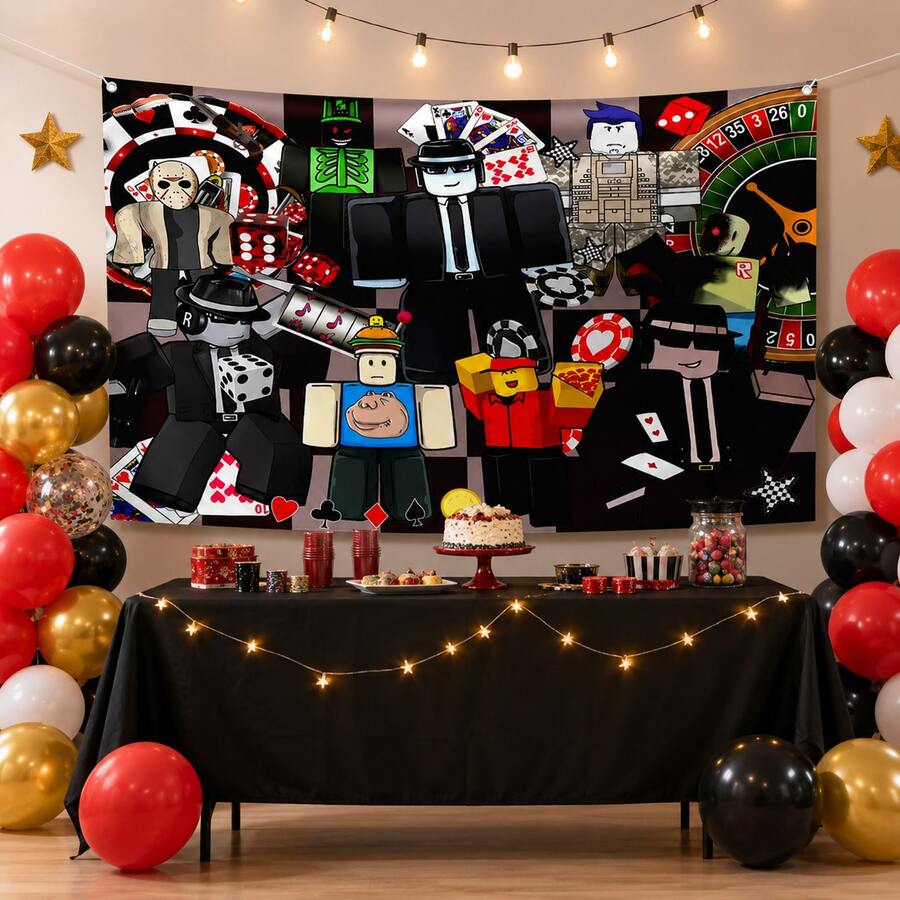 Roblox 1pc 150*100cm Roblo Casino Theme Backdrop, Cartoon Game Character Poker Dice Roulette Print Rectangular Photo Background, Birthday Game Night Casino Theme Party Decoration - Forsaken Chance Background - View 1
