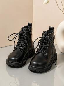 1 Pair Kids' Minimalist Round Toe Boots, Side Zipper Cargo Style Style Ankle Boots, Suitable For Daily Wear, Outdoor Activities, All-Season Versatile - Black - View 10
