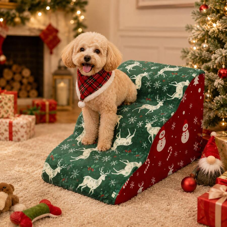 Christmas Style Pet Stairs, 30D High-Density Foam Cat Dog Climbing Steps, High Support Anti-Slip Pet Steps, Suitable For Bedside Sofa, Lightweight And Easy To Move, Removable And Washable Cover - Multicolor - View 1