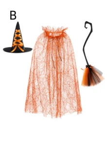2 Sets Halloween Cape Set Spider Web Mesh Cape Set Witch Hat Witch Broom Set - Multicolor - View 4