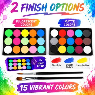 15 Colors Solid Watercolor Paint Set UV Fluorescent Glow + Matte Solid Dual Effect With 2 Brushes Flat Head + Pointed Head, Washable And Easy To Blend, Student Hand-Drawn Graffiti Greeting Card Handmade DIY Art Painting Tools