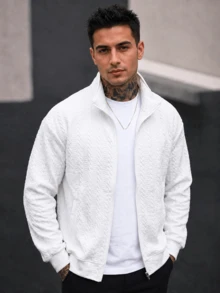 1pc Men's Jacket, 3D Cable Knit Texture, Stand Collar Full Zip Front, Ribbed Cuffs And Hem, Soft Lightweight Knit Fabric, Soft Yet Structured, Resistant To Deformation, Old Money Minimalist Casual Style, Suitable For Spring/Autumn Commute, Shopping, Travel - White - View 3