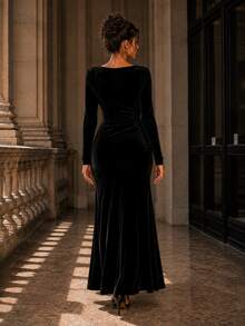 Women's Solid Color V-Neck Long Sleeve Pleated Split Hem Fitted Elegant Dress - Black - View 2