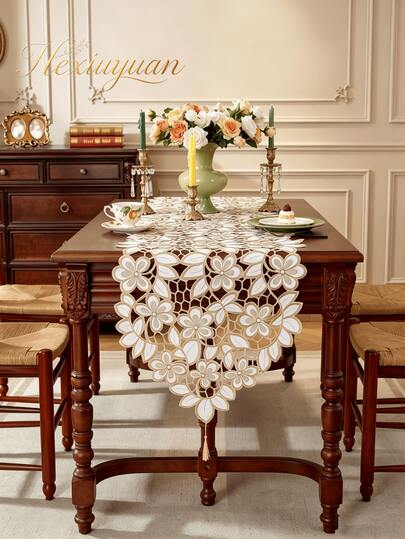 HXARTMIS 1 szt. Elegancki bieżnik na stół z koronką w kolorze zielonym/kawowym i haftem kwiatowym, vintage'owy obrus z wycięciami na wesele, do restauracji i wystroju domu