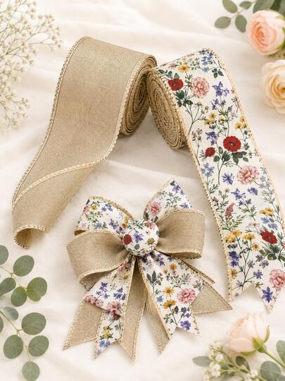 Perlengkapan Kerajinan DIY, Pita Linen Imitasi Lebar 6,3 cm Motif Bunga Liar Vintage & Warna Polos, Dekorasi Kain Berpinggiran untuk Aksesori Rambut, Pembuatan Karangan Bunga, Buket Pernikahan, Pembungkus Kado, Cocok untuk Pengrajin, Perangkai Bunga, Penggemar DIY, Gaya Pedesaan, Estetika Botanikal, Pita Linen Motif Bunga Padang Rumput yang Dapat Dibentuk, Aksesori Jahit