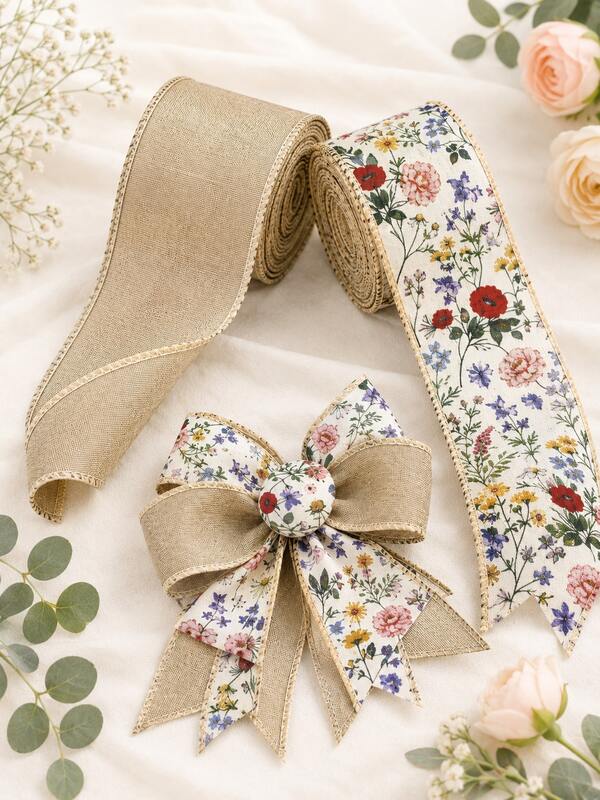 DIY Craft Supplies 6.3cm Wide Vintage Wildflower & Solid Color Faux Linen Ribbon Roll, Hemmed Fabric Decoration For Hair Accessories, Wreath Making, Wedding Bouquets, Gift Wrapping, Suitable For Crafters, Florists, DIY Enthusiasts, Country Style, Botanical Aesthetic, Shapeable Meadow Floral Linen Ribbon, Sewing Accessories