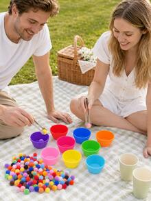 110pcs/10pcs - Colorful Pom Pom Sorting Game Set, Includes 9 Small Cups And 1 Hand-Shaped Tweezers, Suitable For DIY Color Matching Sensory, Fine Motor Skills Training Activities, Desktop Sorting Craft Kit, Party Games And Learning Tools - Multicolor - View 3