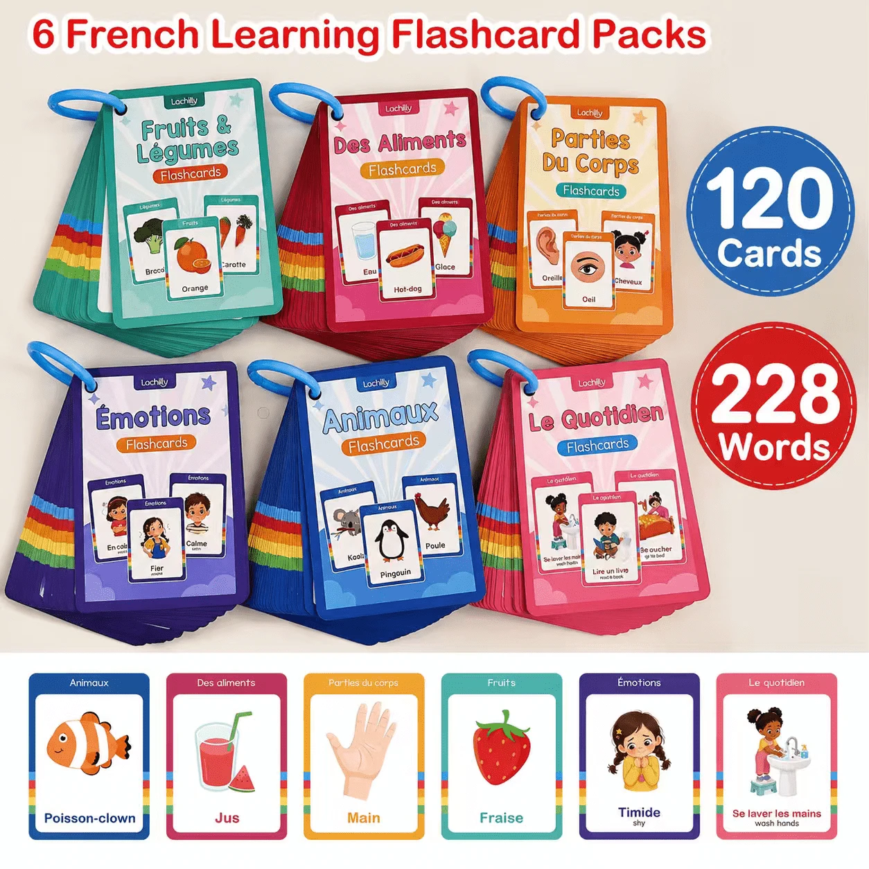 6 Theme French Learning Flash Cards, Kids Educational Cards, Preschool Kindergarten French Language Learning Material, Fruits Vegetables Food Body Animals Emotions Daily Life Theme Vocabulary Flashcards